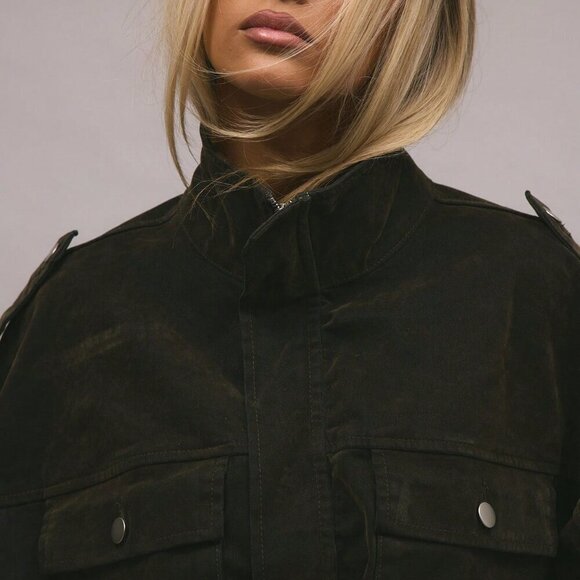 Army Green Casual Women's Velvet Denim Drawstring Cargo Jacket - Picture 3 of 9